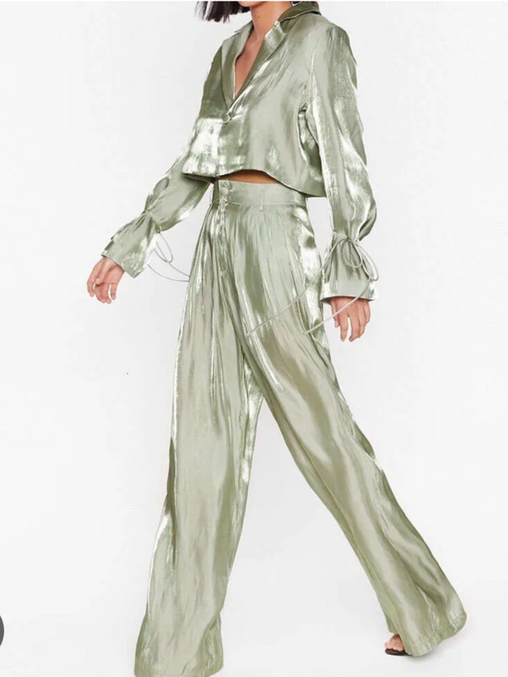 Nasty Gal Light Sage Silk-Look Draped Set